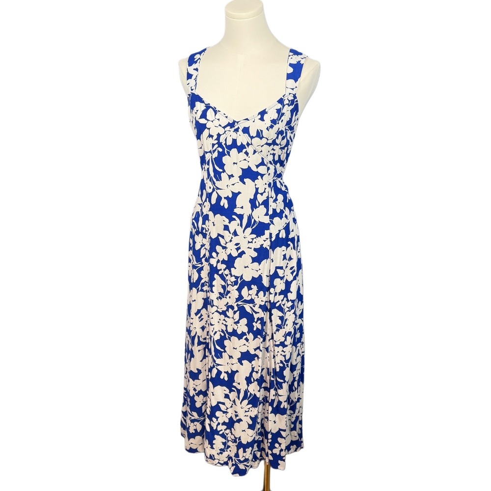 LOFT Blue White Floral Midi Dress Sleeveless V-Neck Size 14 Summer Resort Wear